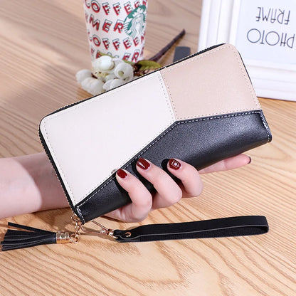 Geometric Patchwork PU Leather Women Long Zipper Wrist Purses Tassel Design Clutch Forever Young Wallet Female Card Holder