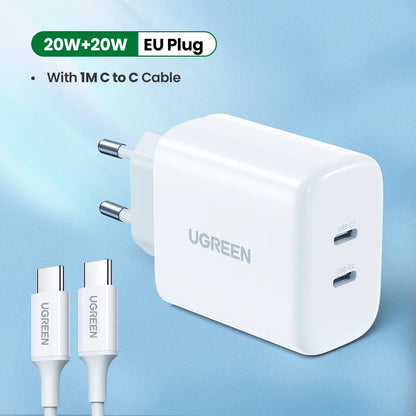 UGREEN Dual 20W PD USB C Charger for iPhone 16 15 14 Fast Charger Quick Charge 4.0 3.0 Charging for Samsung Mobile Phone Charger