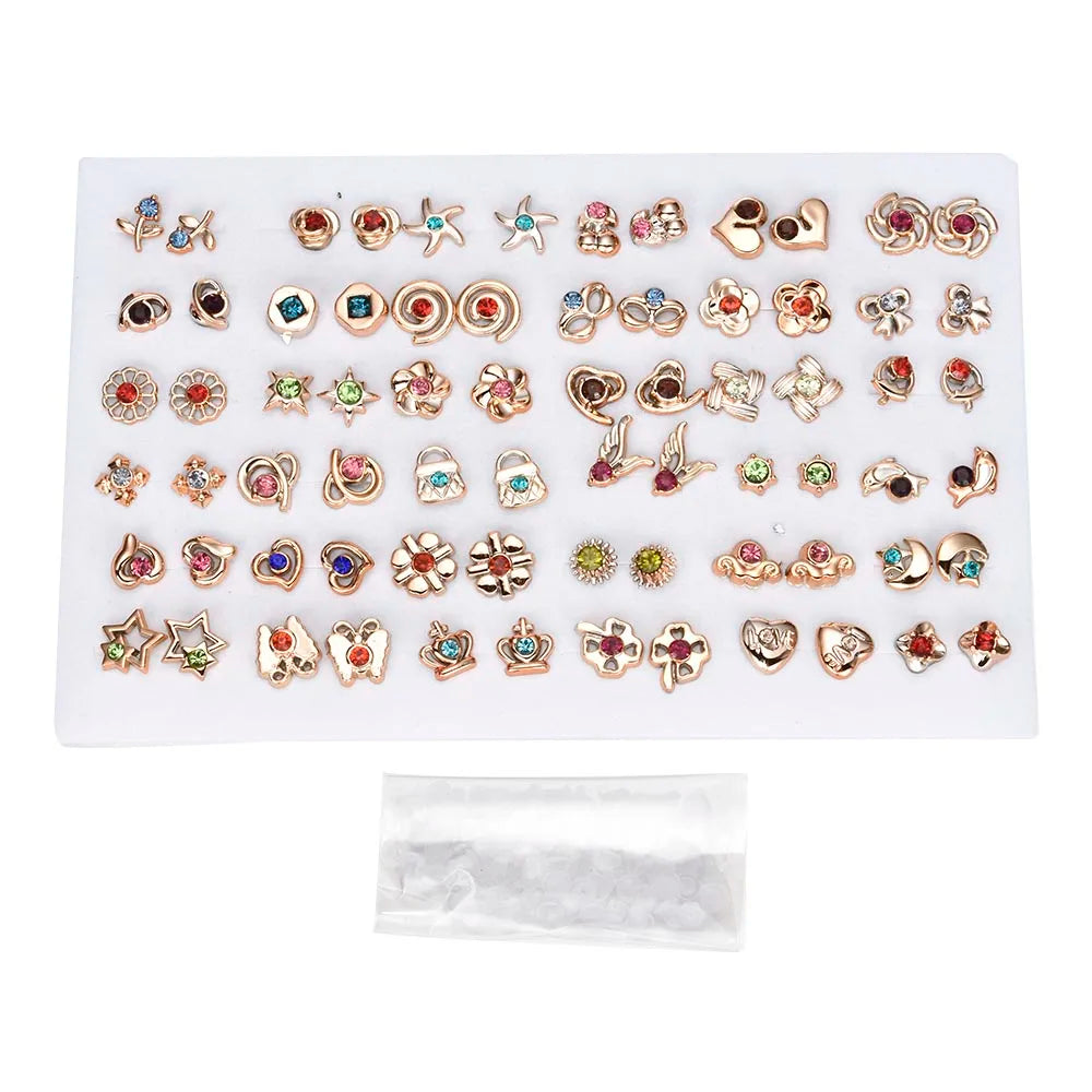 NEW 12~36 Pairs Fashion Women Girls Resin Plastic Crystal Diamante Flower Stud Earrings Set Random Style Gold Color Jewelry