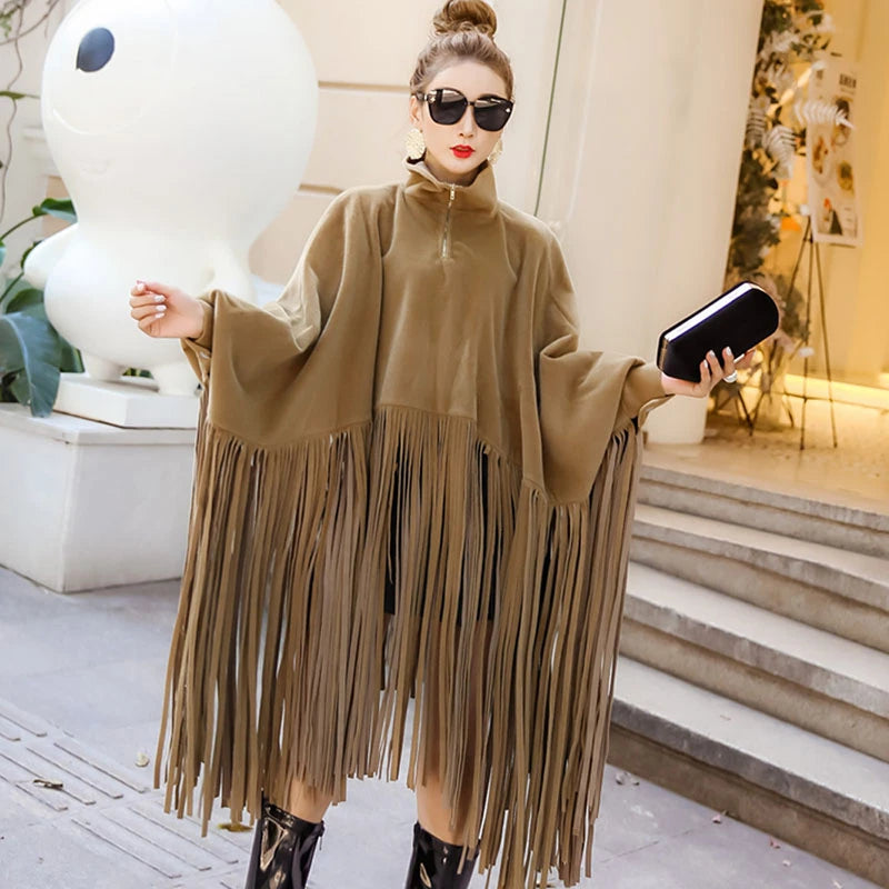 2023 New Spring Autumn Black Jacket Women Loose Tassels Turtleneck Long Sleeve Women Cape Coat Women Fashion oversized Ponchos