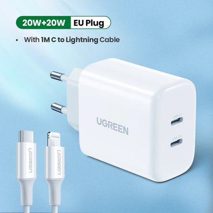 UGREEN Dual 20W PD USB C Charger for iPhone 16 15 14 Fast Charger Quick Charge 4.0 3.0 Charging for Samsung Mobile Phone Charger