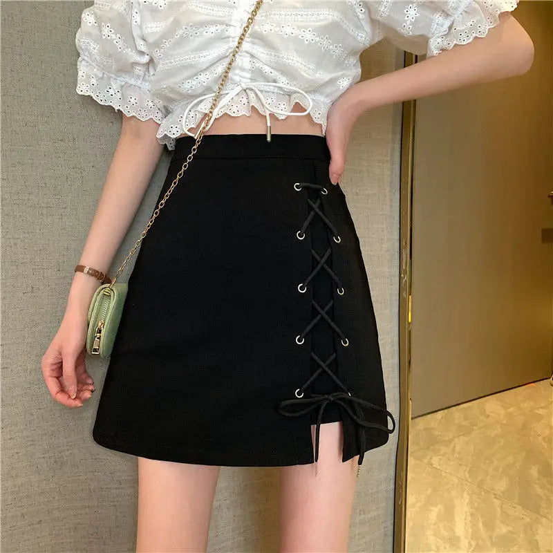 Skirt Wanita Musim Panas A-line Mini Lace-up Pinggang tinggi Hitam Manis Wanita Elegan All-match ala Korea Simple Trendy Asymmetrical 