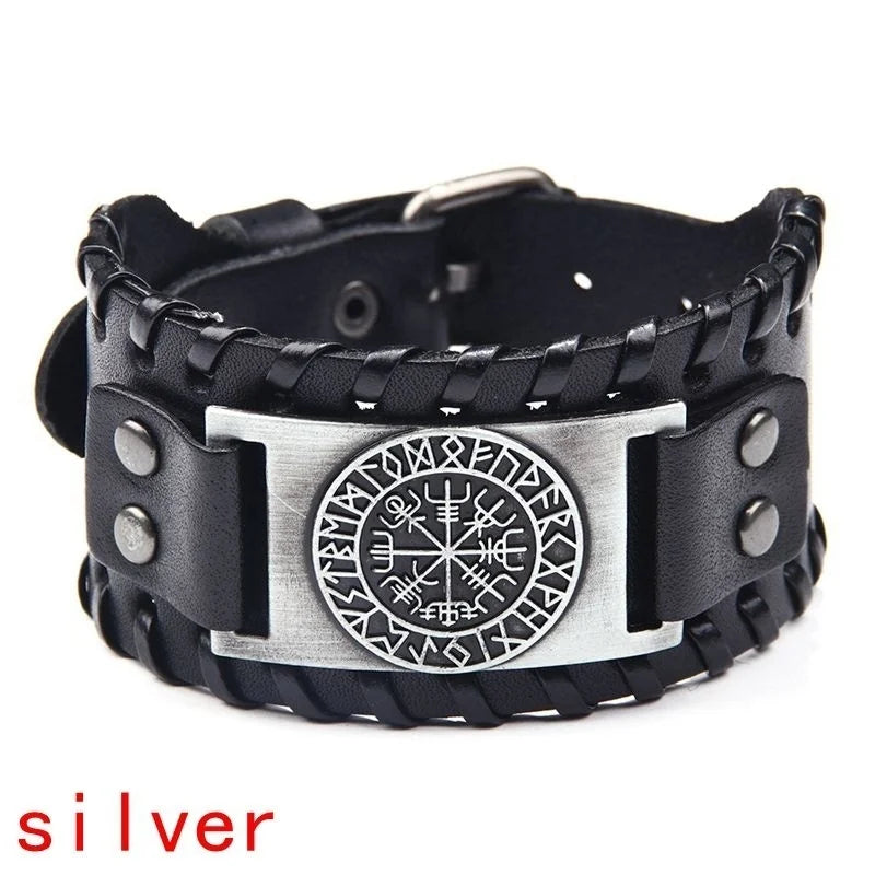 Vintage Wide Leather Woven Wolf Head Bracelet for Men Celtic Viking Compass Bracelet Jewelry Male Accessories Gifts To Boyfriend