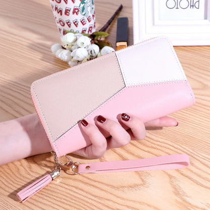 Geometric Patchwork PU Leather Women Long Zipper Wrist Purses Tassel Design Clutch Forever Young Wallet Female Card Holder