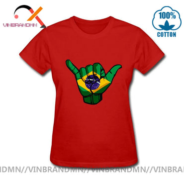 Funny Shaka sign Brazil flag T shirts Women Short Sleeve O-neck 100% Cotton T-shirt Hot sale Casual Fashionable Urban Apparel