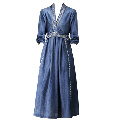 TIYIHAILEY Free Shipping 2022 Fashion Half Sleeve Long Mid-calf Denim Women Vintage V-neck Embroidery Dress S-XL High Quality