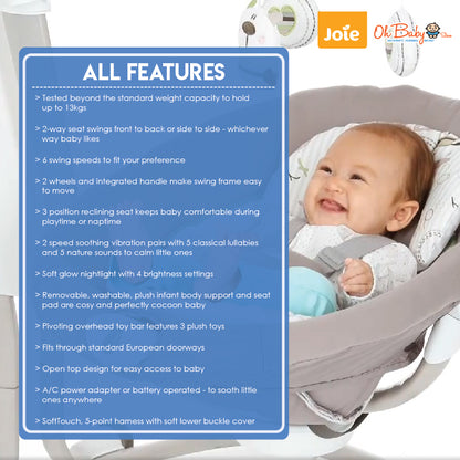 Joie serina™ Swivel Baby Swing | Multi-Direction Swing, Soothing & Comfortable | Newborn hingga 9kg | 2-Year Warranty