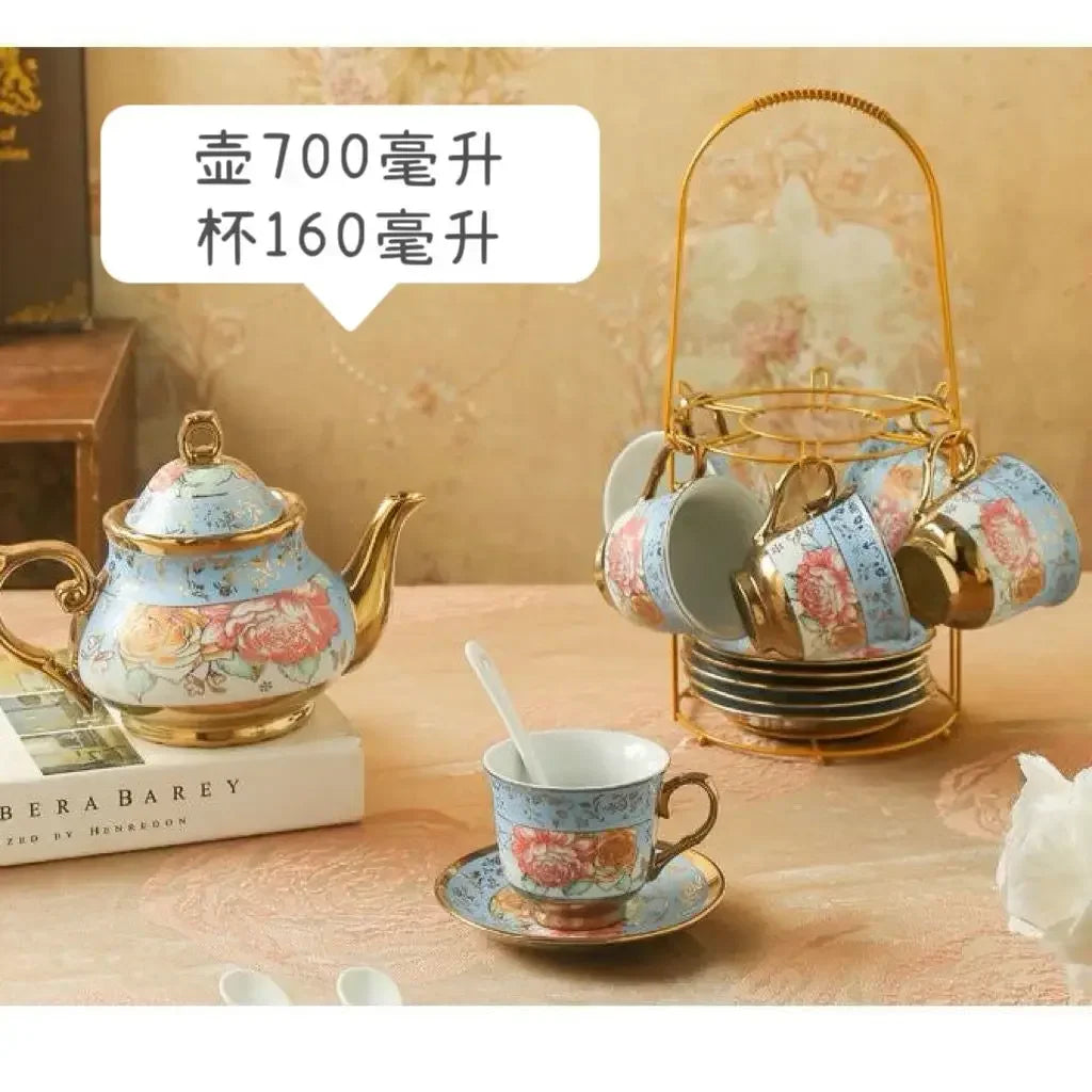 20 Pieces Porcelain Tea Set with Metal Holder European Ceramic Tea Set for Adults Flower Tea Set for Women with Floral