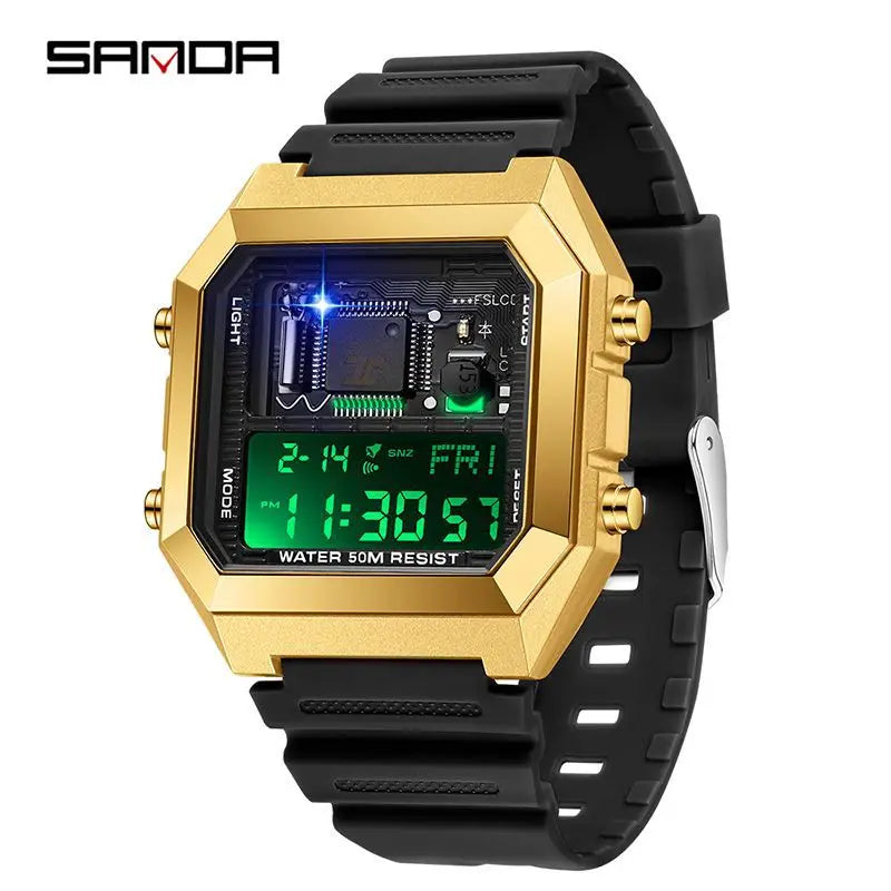 SANDAD 6216 Men's Electronic Watch Square Multifunctional Chronograph Date Silicone Strap Digital Display Wrist Watches for Male