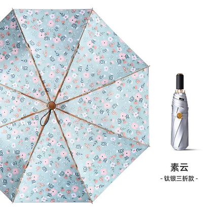 Sunshade Folding Umbrella for Women, Thickened Titanium Silver Cloths, Anti Sun UV, Windproof Waterproof, Rain Umbrellas Parasol