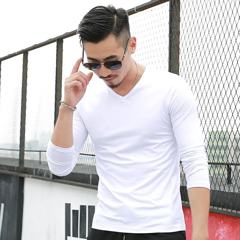 V Neck Mens T Shirts Plain Long Sleeve T Shirt Men Slim Fit Undershirt Armor Summer Casual Tee Tops Underwear Tshirt White Black