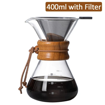 Hand Glass Coffee Kettle Coffee Maker 400ML 600ML 800ML 1L Stainless Steel Filter Dripper Manual Coffee Maker Brewer Pot