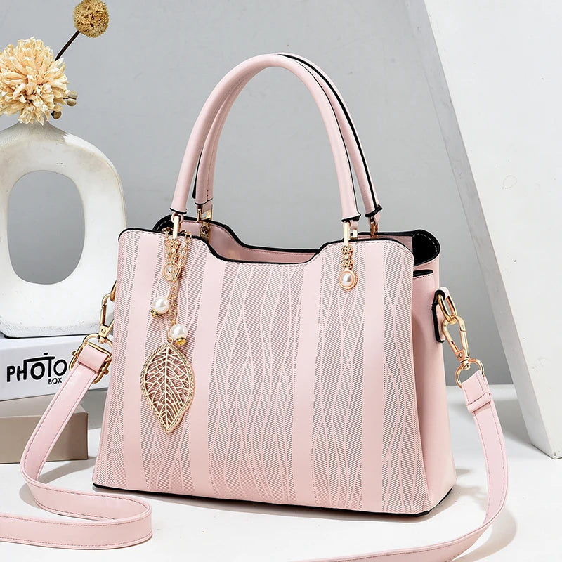 Beg Tangan Berjalur Fesyen, Beg Selempang Kulit PU Wanita, Dompet Beg Tangan Atas 
