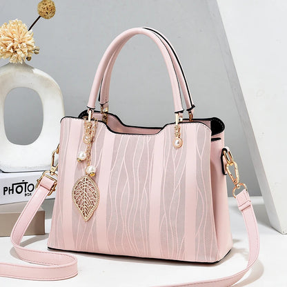 Beg Tangan Berjalur Fesyen, Beg Selempang Kulit PU Wanita, Dompet Beg Tangan Atas 