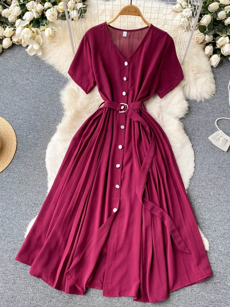 Summer Vintage V-Neck Single Breasted Midi Dress For Women Elegant Short Sleeve High Waist A-Line Slim Green/Red/Purple Vestidos