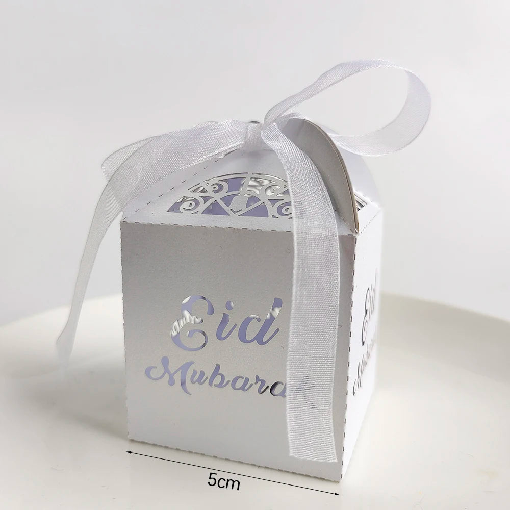 10Pcs Eid Mubarak Candy Boxes Hollowed Out Gift Box Gold White Black Ramadan Islamic Muslim for Eid Al-Fitr Party Decor Supplies