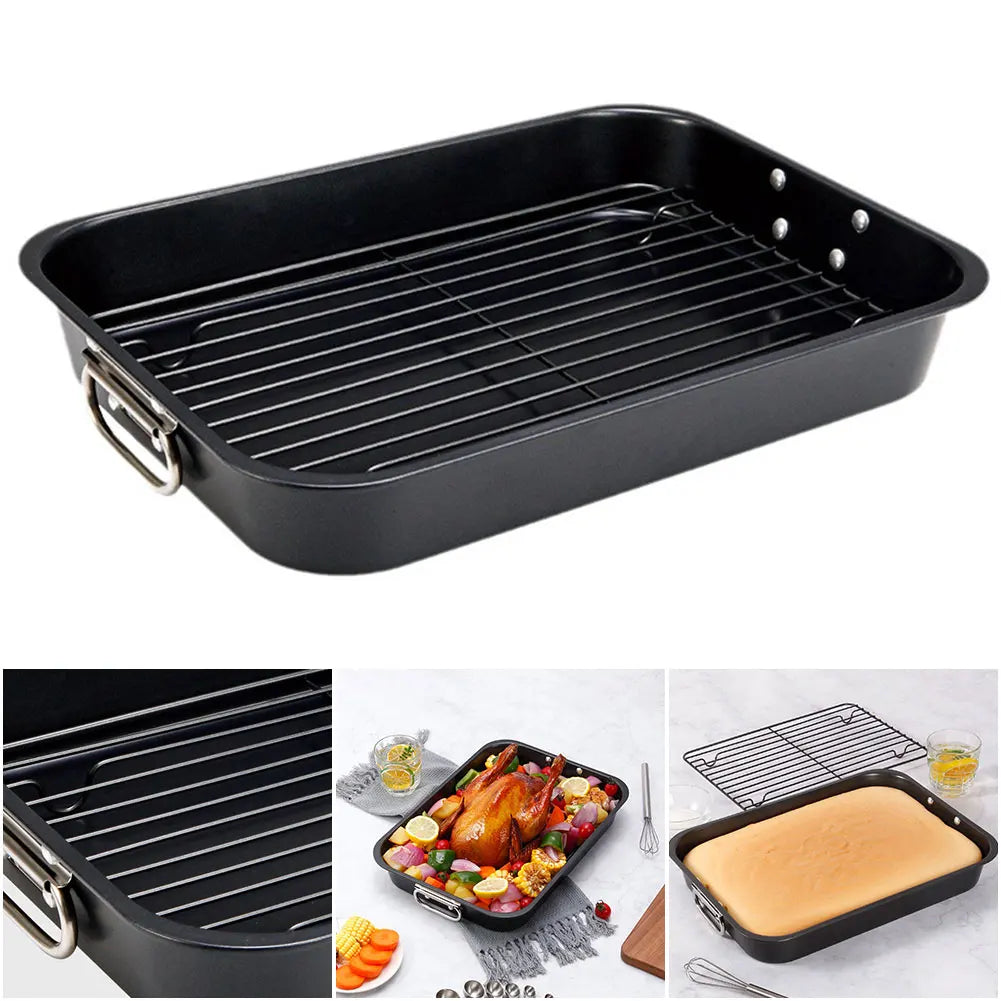 Deep Roasting Tin with Rack Multi-Function Non-Stick Baking Tray Dishwasher Safe Rectangular Roaster Pan for DIY Cake Chicken