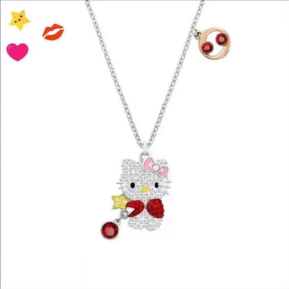 Hello Kitty Necklace Sanrio Anime Character Pink Peach Heart Crystal Cat Push-Pull Bracelet Pendant Couple Decoration Girl Gift