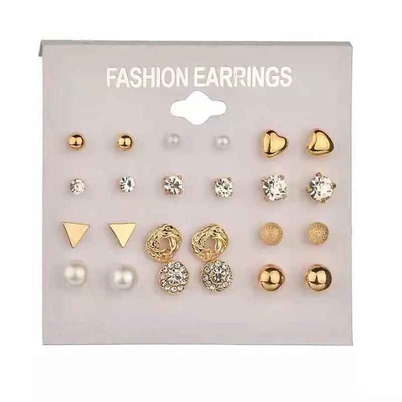 NEW 12~36 Pairs Fashion Women Girls Resin Plastic Crystal Diamante Flower Stud Earrings Set Random Style Gold Color Jewelry