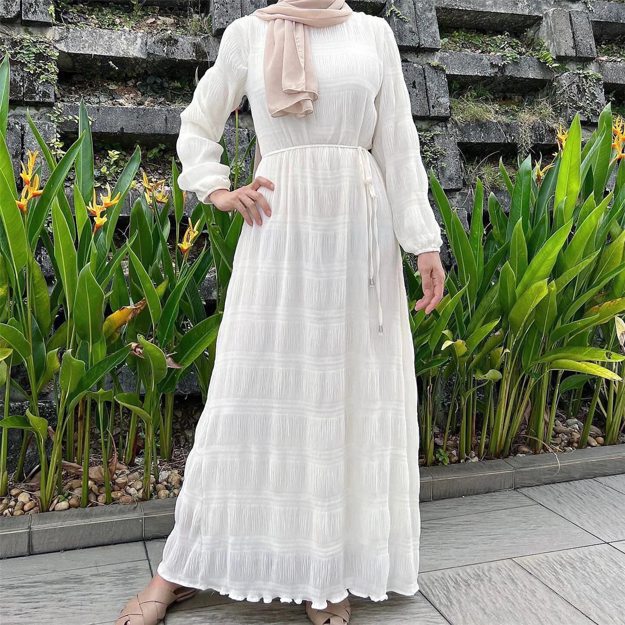 2024 Fashion Casual Abaya Robe Muslim Long Maxi Dress Women Chiffon Pleated Evening Dresses Hijab Kaftan Muslim Sets Slim Fit