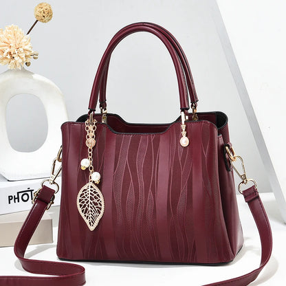 Beg Tangan Berjalur Fesyen, Beg Selempang Kulit PU Wanita, Dompet Beg Tangan Atas 