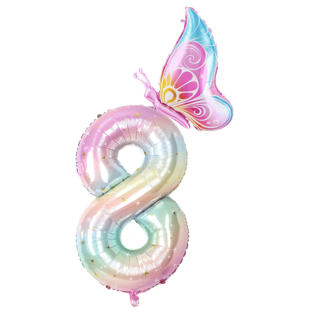 40Inch Colorful Gradient Number Balloon 0-9 Digit Foil Helium Balloon Butterfly Girl Birthday Party Decor Baby Shower Kids Gifts