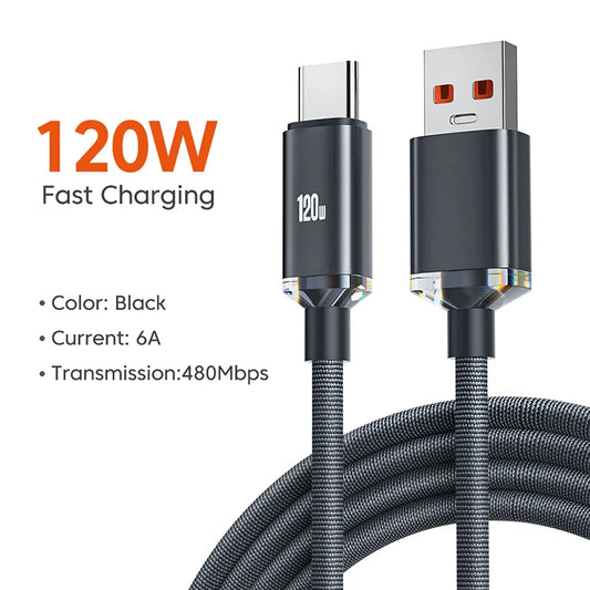 Kabel Pengecas Pantas USB Jenis C 120W untuk Xiaomi Redmi Note 14 Kabel Pengecasan Pantas untuk Huawei Honor OnePlus POCO OPPO