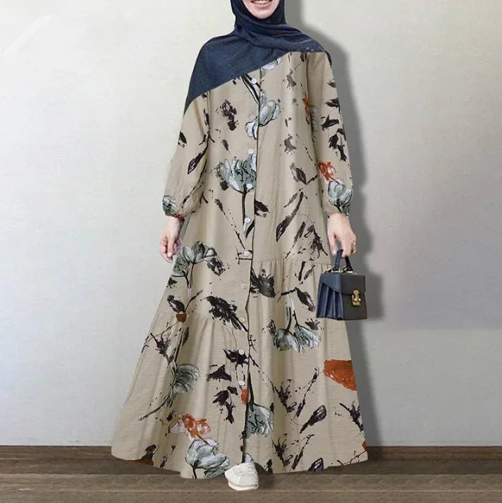 Women's Long Sleeve Cotton Dress Muslim Clothing Middle East Splicing Kaftan Long Skirt Female Clothing