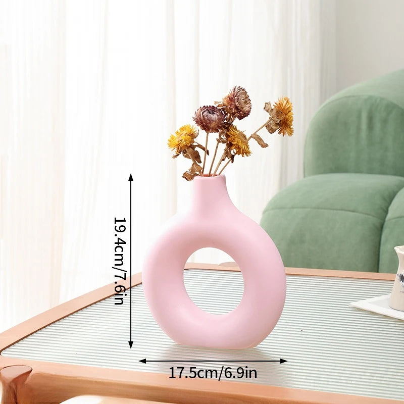 White Donut Vase Circular Hollow Imitation Ceramic Vase Nordic Decorative Vases Flower Pot Artistic Home Office Desktop Decor