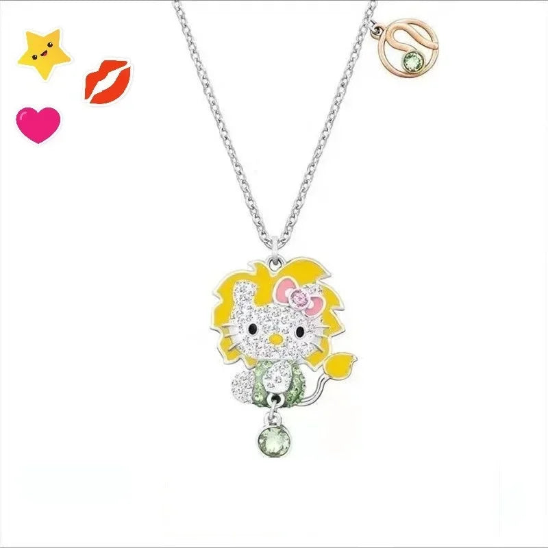 Hello Kitty Necklace Sanrio Anime Character Pink Peach Heart Crystal Cat Push-Pull Bracelet Pendant Couple Decoration Girl Gift