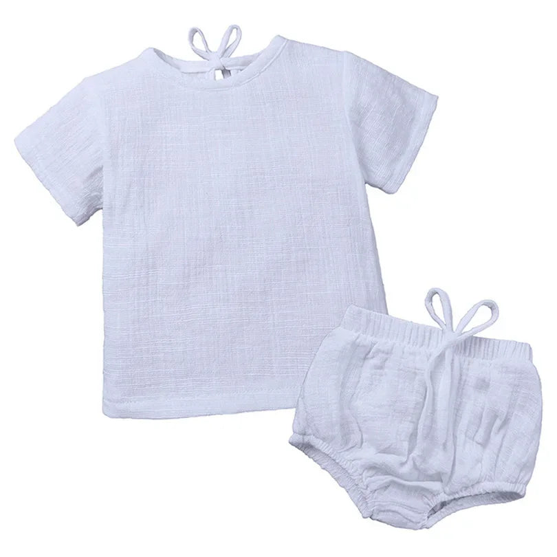 2024 Linen Kapas Lembut Bayi Lelaki Sut Kasual Kanak-kanak Atasan Tee Seluar Pendek Panas 2PCS Set Pakaian Kanak-Kanak Perempuan Pakaian Kanak-kanak Perempuan 