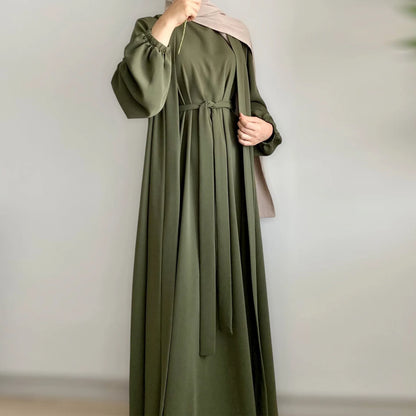 Eid Muslim Party Abaya for Women Cardigan Turkey Dubai solid color two piece suit  Jalabiya Long Dresses Morocco Kaftan LR726