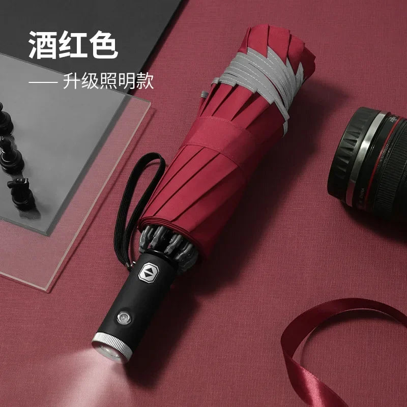 Automatic Umbrella with LED  Flashlight Reflective Stripe Reverse Light Umbrella Three Folding Inverted 10 Ribs