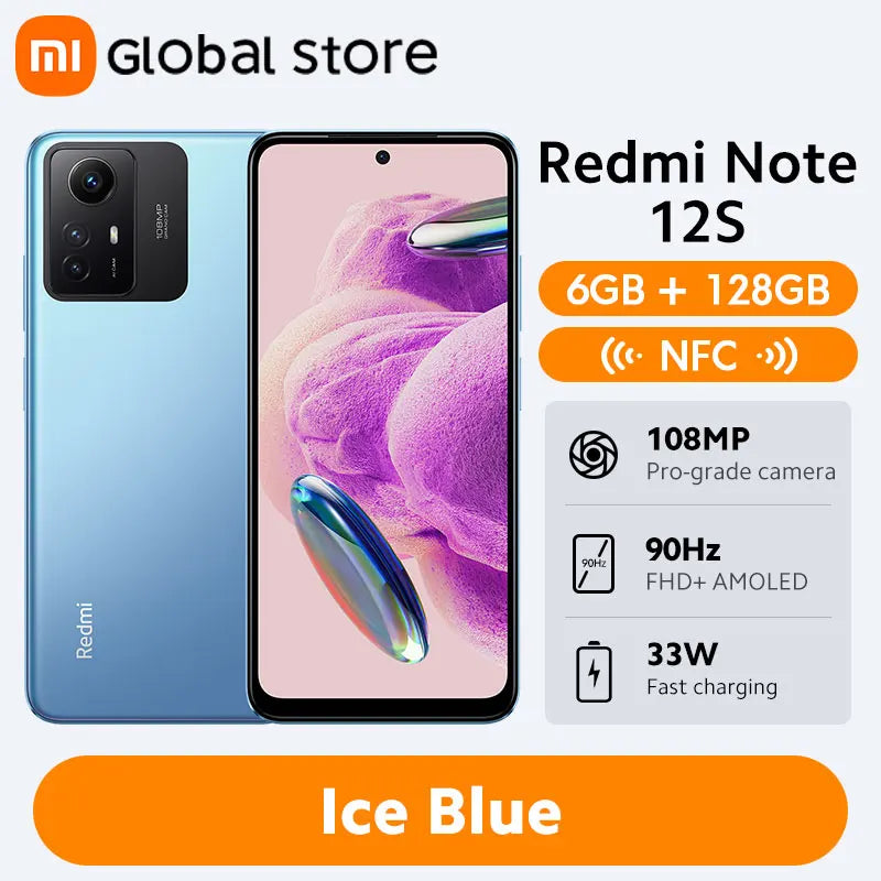 全球版小米 Redmi Note 12S 智能手机 MTK Helio G96 108MP 摄像头 5000mAh 90Hz 6.43 英寸 AMOLED 点显示屏 33W 快速充电