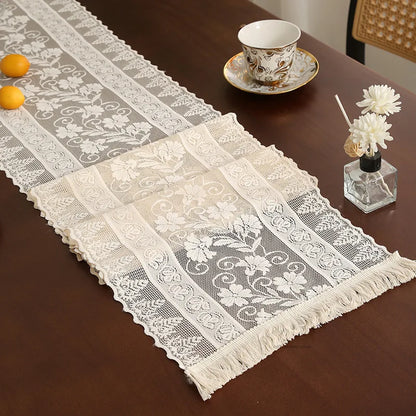 White Lace Table Runner INS Table Flag Dust Cover Wedding Dining Tables Cover Embroidered Floral Table Runner with Tassel