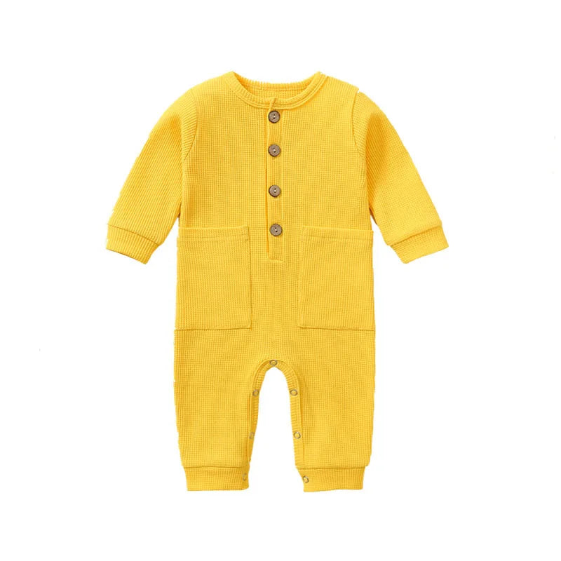 Musim Bunga Musim Gugur Bayi Baju Monyet Bayi Kapas Pepejal Lembut Jumpsuit Bayi Dengan Poket Gadis Lelaki Lengan Panjang Bebe Piyama Butang Wodden 