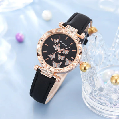 6/1pcs Set Wanita Jam Tangan Cincin Kalung Anting-Anting Set Gelang Jam Tangan Butterfly Leather Strap Wanita Kuarza Jam Tangan (Tiada Kotak) 