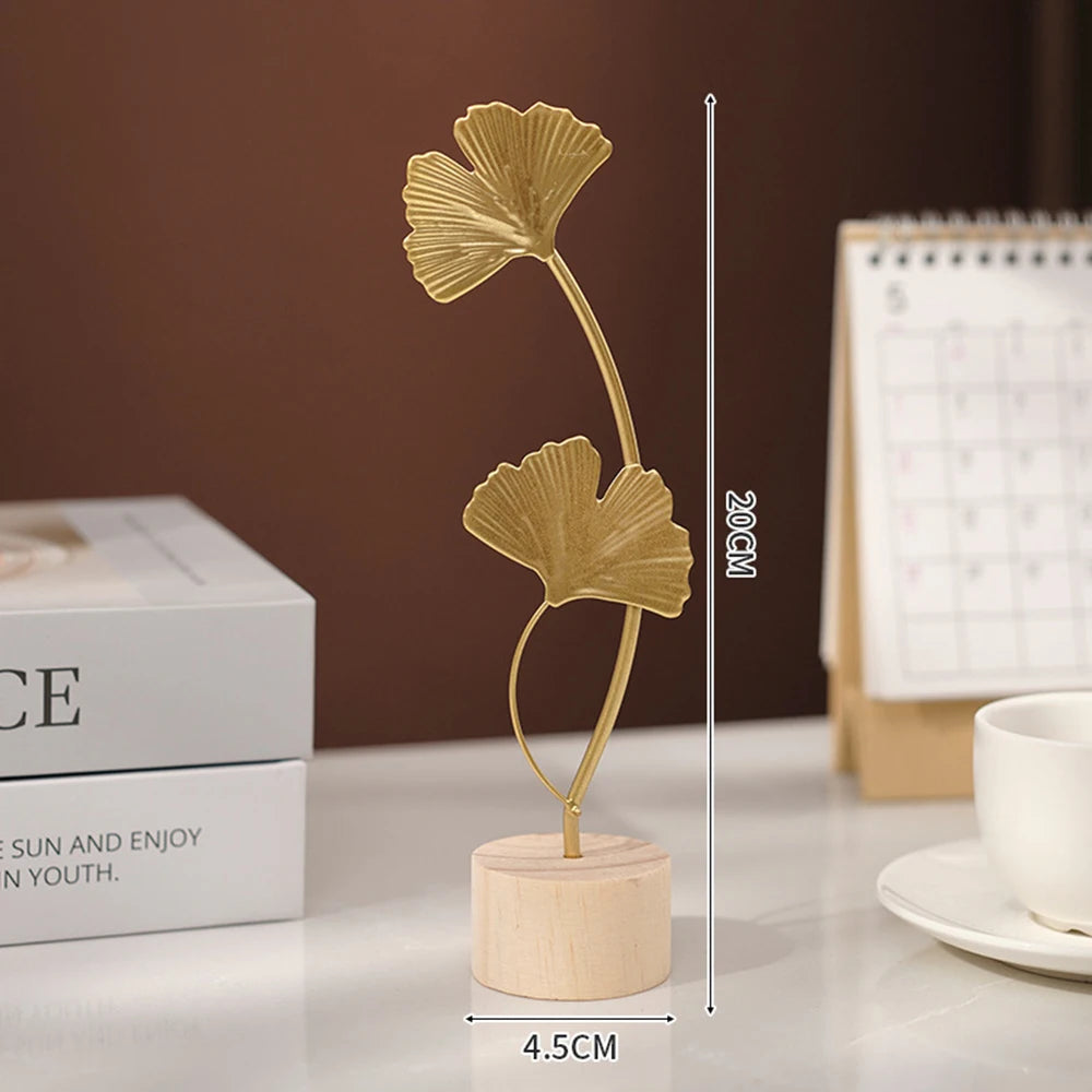 Golden Ginkgo Leaf Miniature Figurines Wooden Statue For Living Room Table Office Home Decoration Accessories Nordic Ornament