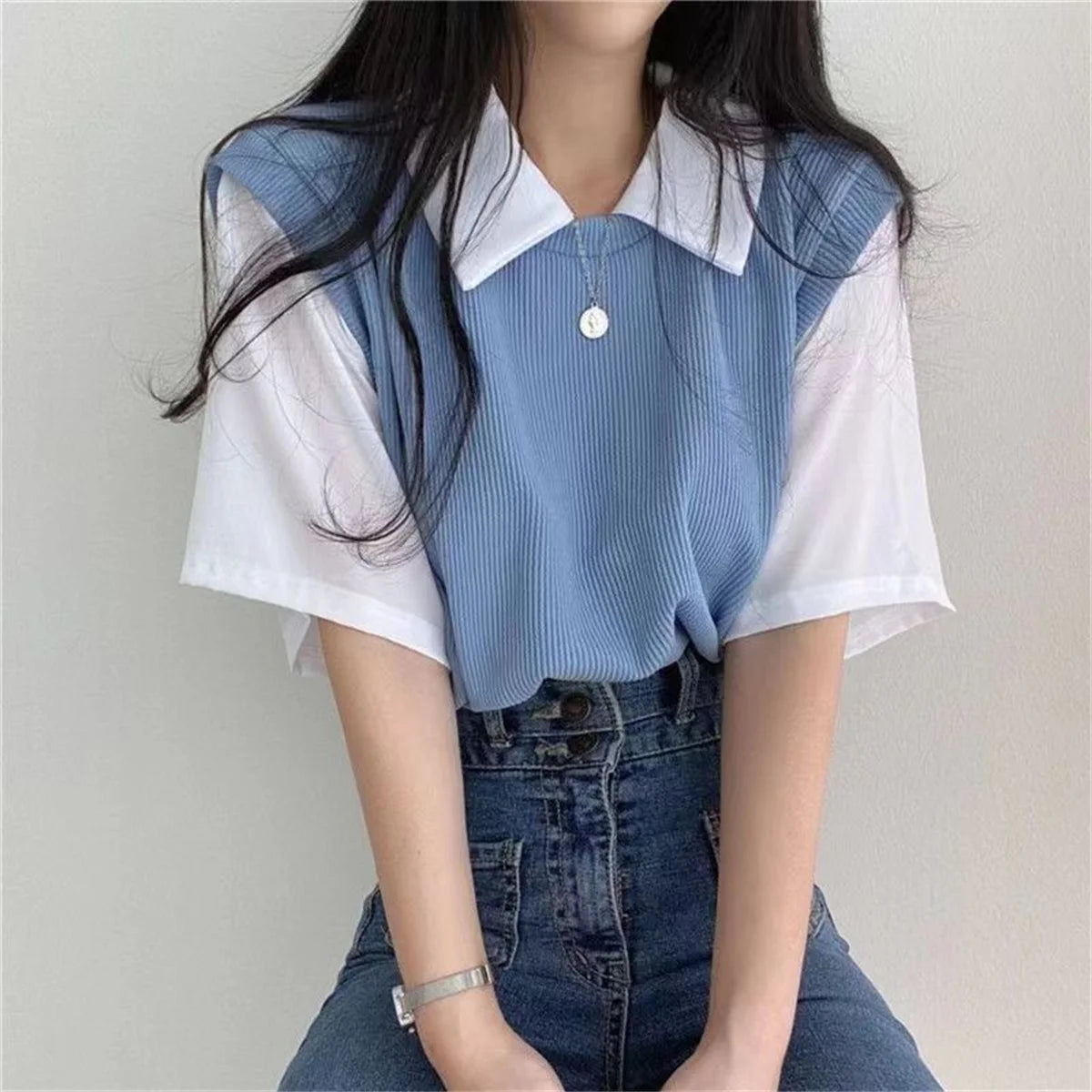 Summer Blouse Women Korean Style False Two-piece Polo Collar Blouses Y2k Tops Streetwear Loose Youth Pullovers Elegant Shirt