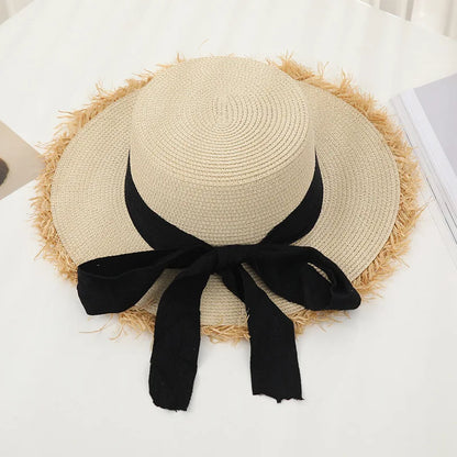 Tassel Female lace bow bowknot straw hat Summer Women ladies casual floppy Sun hat Ribbon Sunscreen cap for beach