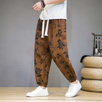 Chinese Style Man Pants Spring Summer Thin Breathable Cotton Linen Pants Men Harem Pants Printed Casual Pants Loose Pants Men