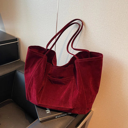 Women Suede Tote Bag With Pockets Satchel Handbag Solid Color Everyday Bag Trendy Commuting Travel Bag