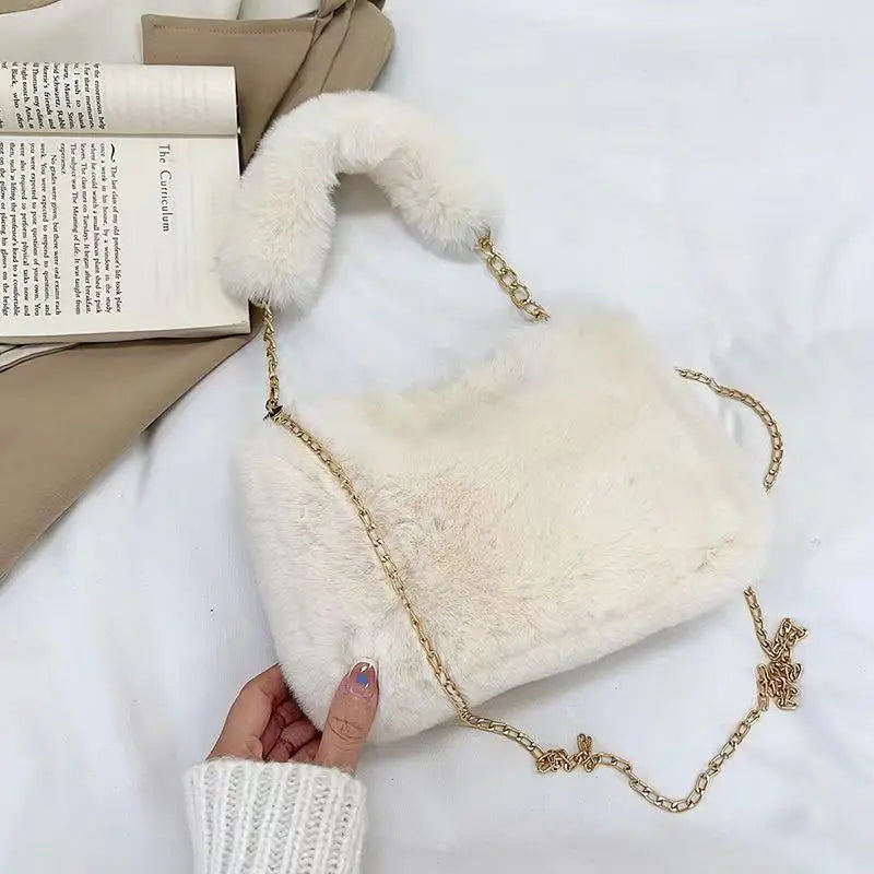 Winter Plush Tote Handbag Versatile Fluffy Shoulder Bag Soft Cute Chain Crossbody Bag Fashion Women Girls Small Square Handbag