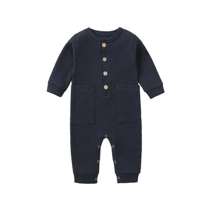 Musim Bunga Musim Gugur Bayi Baju Monyet Bayi Kapas Pepejal Lembut Jumpsuit Bayi Dengan Poket Gadis Lelaki Lengan Panjang Bebe Piyama Butang Wodden 