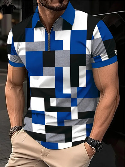 Men's Zipper Polo Shirt 3d Lattice Print Fashion Clothing Business Casual T-Shirt Mens Polo Shirt Zip Short Sleeve Street Top