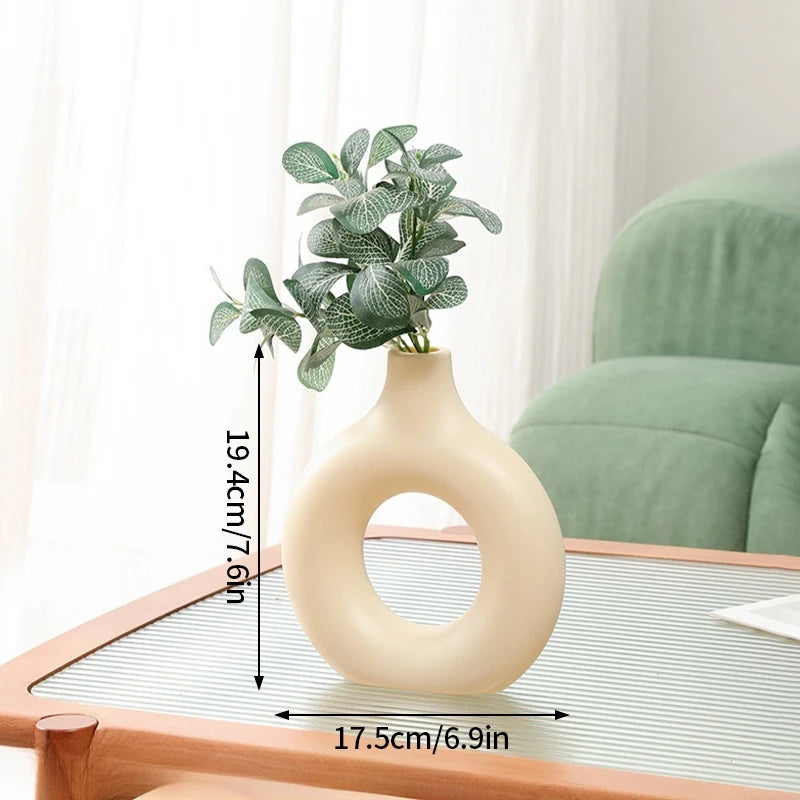 White Donut Vase Circular Hollow Imitation Ceramic Vase Nordic Decorative Vases Flower Pot Artistic Home Office Desktop Decor