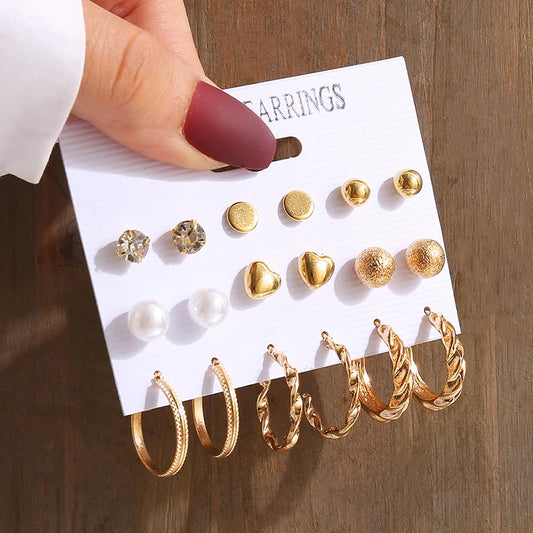 Gold Color Vintage Geometry Pearl Earrings Set Metal Twine Square Dangle Earrings Round for Women Simple Trendy Party Jewelry