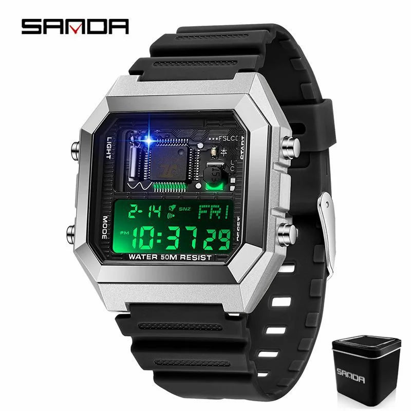 SANDAD 6216 Men's Electronic Watch Square Multifunctional Chronograph Date Silicone Strap Digital Display Wrist Watches for Male