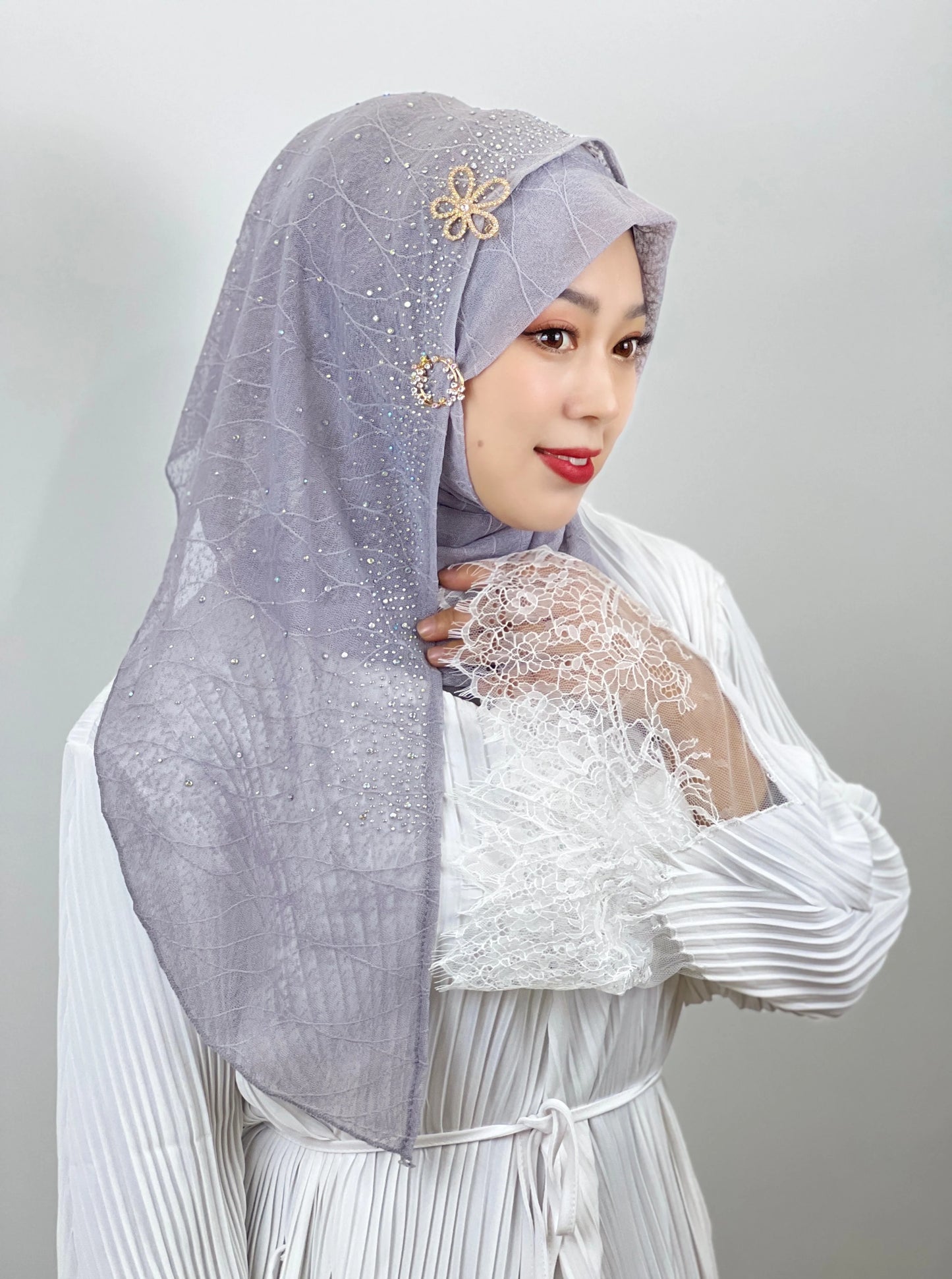 Muslim Hijab Mesh Textured Turban Hot Diamonds Elegant Muslim Women HIjabs Send Hair Accessories Hijab Islam Muslim Scarf