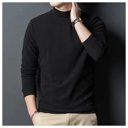 Men's Autumn/Winter Fleece-Lined Half Polo Turtle Neck Long Sleeve T-Shirt Crew Neck Base Layer Top For Men Inner Clothing